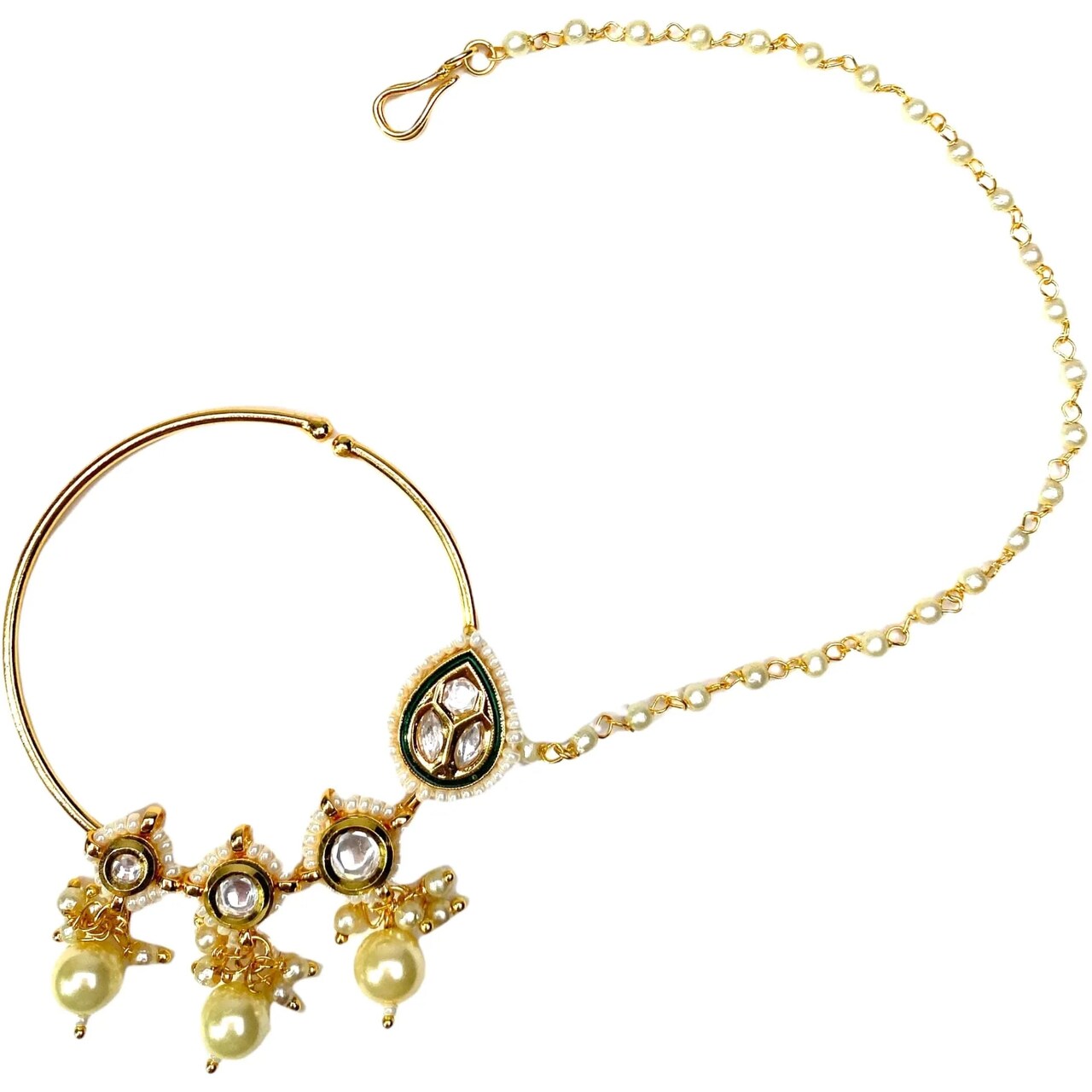 Kundan Crystal Nose Ring with Gold Plating Pearl Hair Chain - Indian Bridal Nath with Faux Pearl Chain Designer Bollywood Style Nose Stud for Women Non-Piercing Nose Accessory Gift for Her